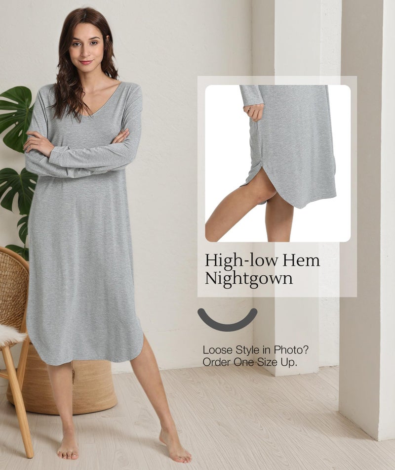 GYS Womens Bamboo Viscose Long Sleeve Nightgown Soft Comfy V Neck Long Night Shirts Sleepwear, Heather Grey, Medium - Image 1