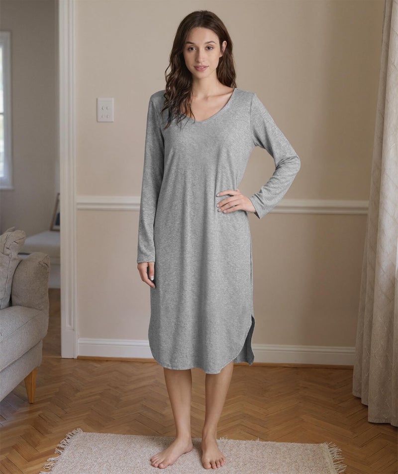 GYS Womens Bamboo Viscose Long Sleeve Nightgown Soft Comfy V Neck Long Night Shirts Sleepwear, Heather Grey, Medium - Image 2