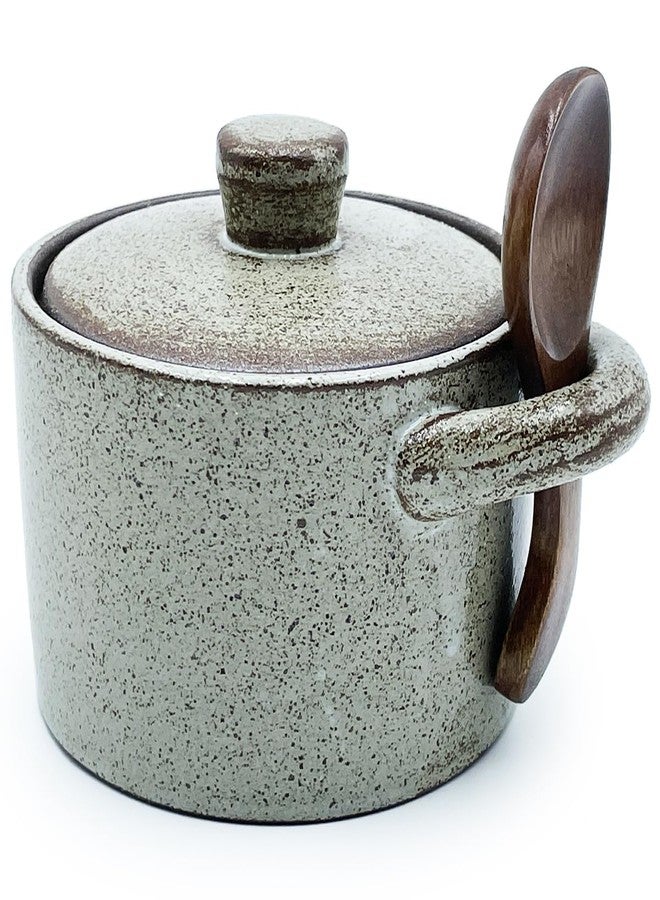 EWEIGEER Ceramic Salt Cellar With Lid & Spoon,8oz Salt Container For Countertop,Sugar Bowl,Spice Jar(Coarse Pottery Color) - Image 1