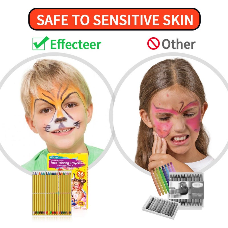 EFFECTEER Face Paint Crayons for Kids, 36 Makeup Sticks & 36 Stencils, Professtional Face Painting kit for Halloween or Birthday Party, 6 Fluorescent, 6 Metallic & 24 Classic Colors, Safe for Sensitive Skin - Image 5