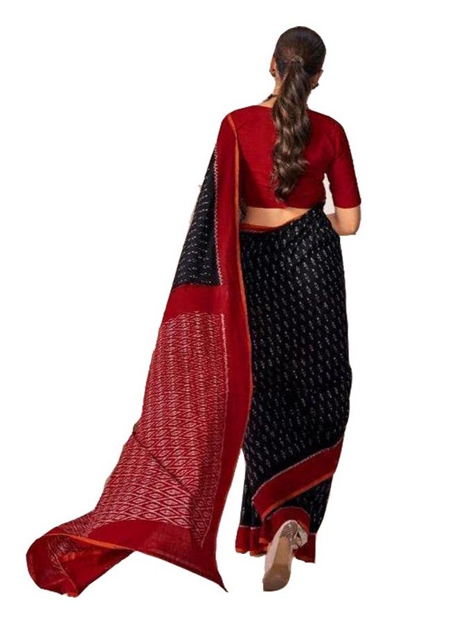 RADHA LAKSHMI ساري قطن مولي نقي مطبوع يدويًا بتقنية إيكات من رادها لاكشمي للنساء مع قطعة بلوزة (باراخا 08)، مارون - Image 1