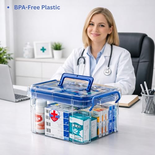 KREPS Clear Plastic Medicine Storage Box Organizer, Family Emergency Kit with Removable Pill Case Portable Lockable Container for Medicine, Art Craft and Cosmetic Household Organizer (Small, Blue) - Image 4