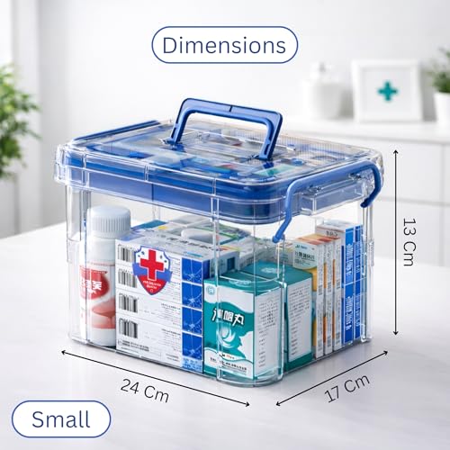 KREPS Clear Plastic Medicine Storage Box Organizer, Family Emergency Kit with Removable Pill Case Portable Lockable Container for Medicine, Art Craft and Cosmetic Household Organizer (Small, Blue) - Image 2