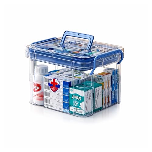 KREPS Clear Plastic Medicine Storage Box Organizer, Family Emergency Kit with Removable Pill Case Portable Lockable Container for Medicine, Art Craft and Cosmetic Household Organizer (Small, Blue) - Image 1