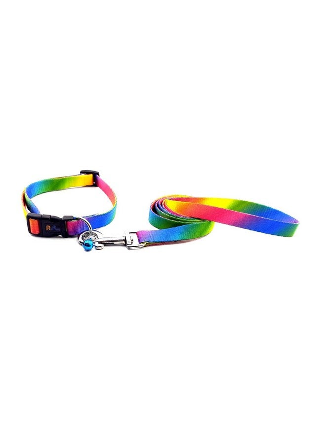 15 Mm Nylon Collar And Leash Set Puppy Printed With Bell, Adjustable Buckle Collar With Leash Set Ideal For Training/Walking Small & Medium Dogs (Rainbow) - Image 1