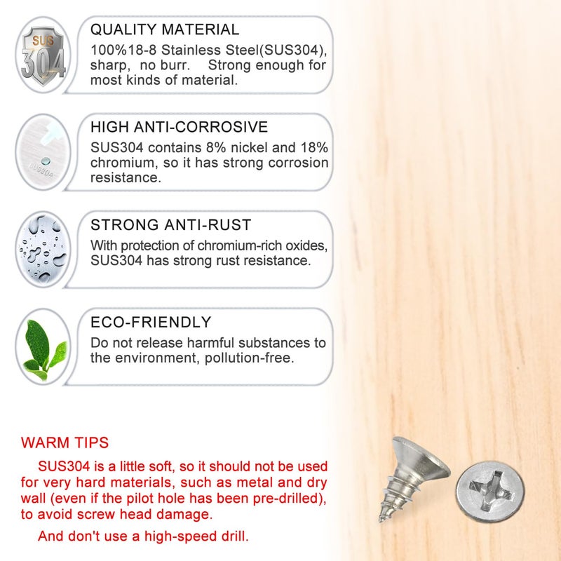 Kinder Wood Screws - 200PCS Flat Head Phillips Screws, 304 Stainless Steel Screw with Adjustable Wood Countersink Kit (#6 x 1/3") - Image 2