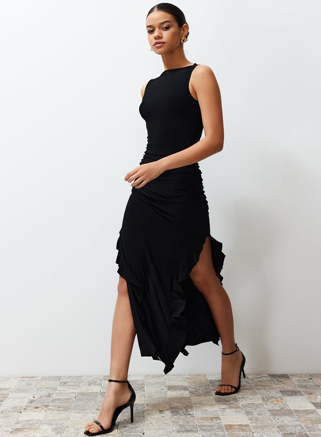 trendyol Black Bodycone Zero Sleeve Slit Ruffle Detailed Flexible Thick Sandy Maxi Pencil Dress - Image 1
