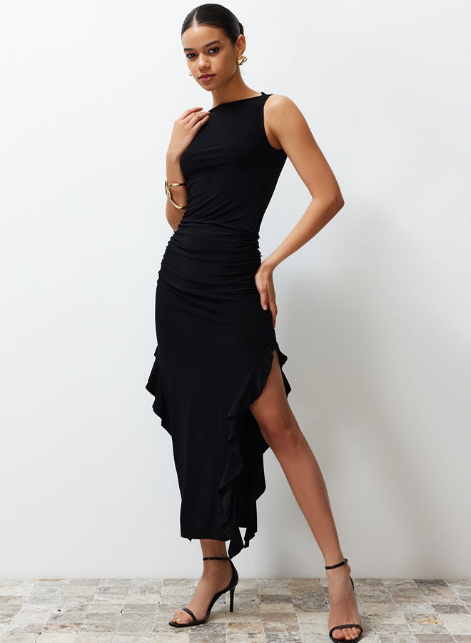 trendyol Black Bodycone Zero Sleeve Slit Ruffle Detailed Flexible Thick Sandy Maxi Pencil Dress - Image 2
