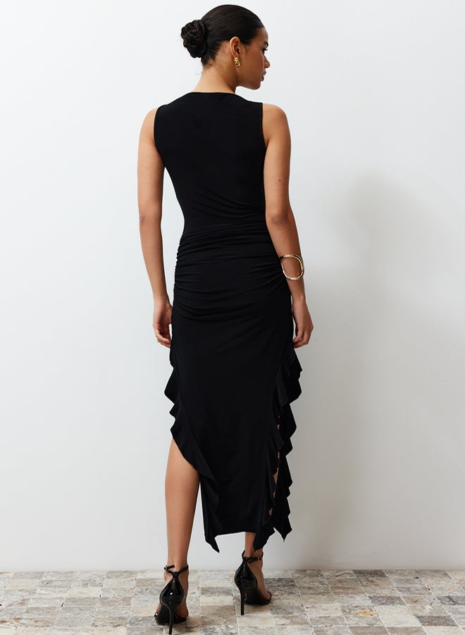 trendyol Black Bodycone Zero Sleeve Slit Ruffle Detailed Flexible Thick Sandy Maxi Pencil Dress - Image 5