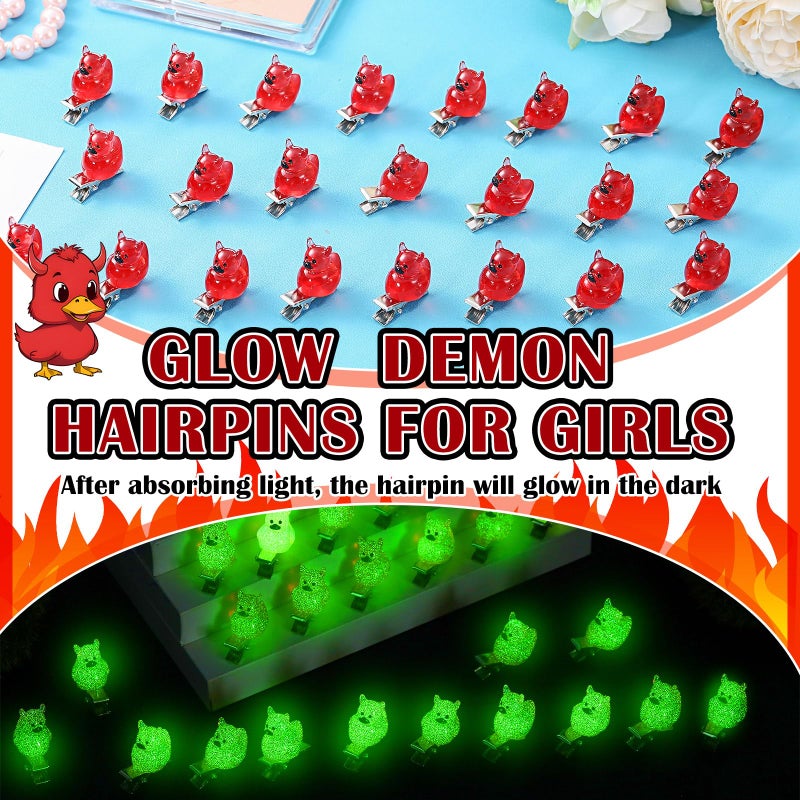 Luinabio 30 Pcs Mini Glow in the Dark Hair Clips Rave Hair Clips for Women Carnival Music Festival Holiday Party Supplies (Devil Duck) - Image 3