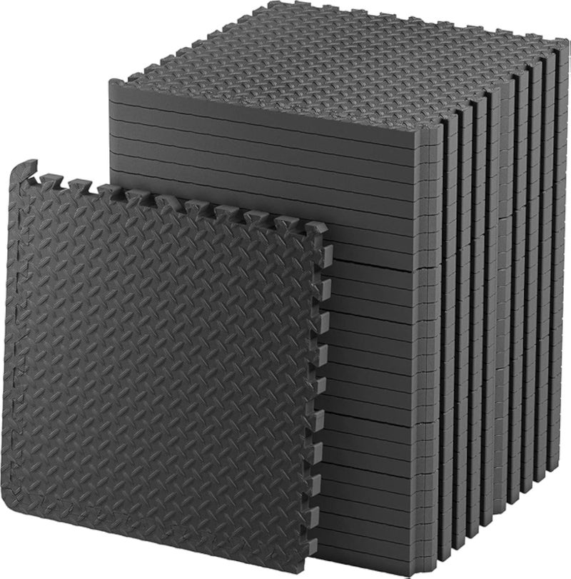 Fitness Puzzle Mat, Gym Floor Mat, Exercise Mat, EVA Foam Interlocking Tiles, Protective Flooring for Gym Equipment and Workouts, 24mm Extra Thick (6Pc || 24 SqFt, Black 24mm)