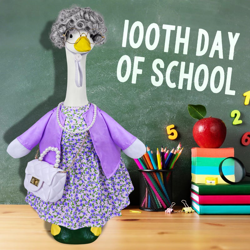 Ueyben Old Lady Porch Goose Outfits, 100 Days Grandma Wigs with Goose Clothes for 23" Lawn Cement Plastic Geese Statues for Garden Yard Holiday Decoration - Image 4