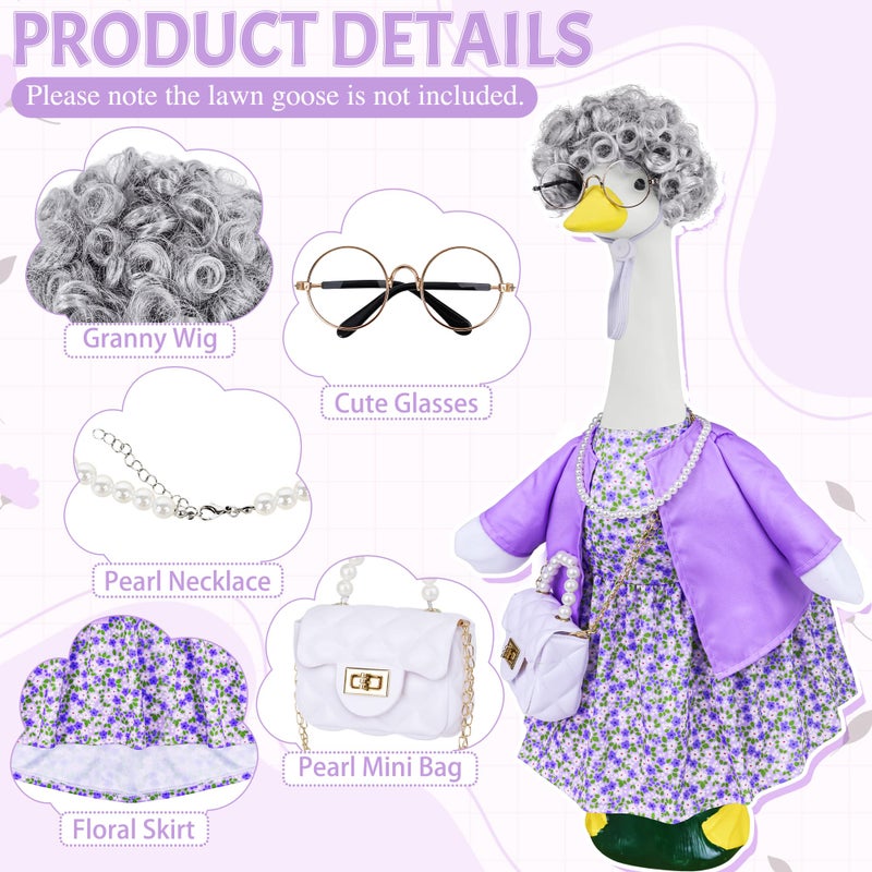 Ueyben Old Lady Porch Goose Outfits, 100 Days Grandma Wigs with Goose Clothes for 23" Lawn Cement Plastic Geese Statues for Garden Yard Holiday Decoration - Image 3