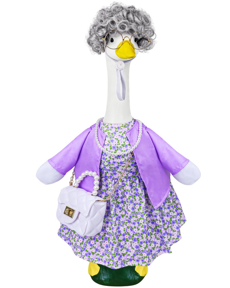 Ueyben Old Lady Porch Goose Outfits, 100 Days Grandma Wigs with Goose Clothes for 23" Lawn Cement Plastic Geese Statues for Garden Yard Holiday Decoration - Image 1