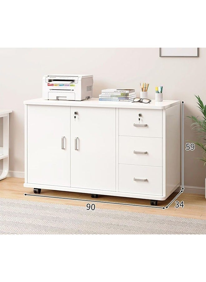 ليدين خزانة جانبية خشبية، خزانة تخزين عصرية، خزانة مستندات أرضية بعجلات، خزائن ملفات، خزانة مكتب بقفل (أبيض، 90×34×59 سم) - Image 2