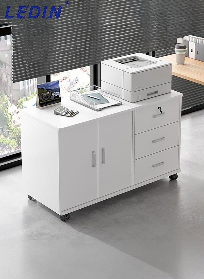 ليدين خزانة جانبية خشبية، خزانة تخزين عصرية، خزانة مستندات أرضية بعجلات، خزائن ملفات، خزانة مكتب بقفل (أبيض، 90×34×59 سم) - Image 1