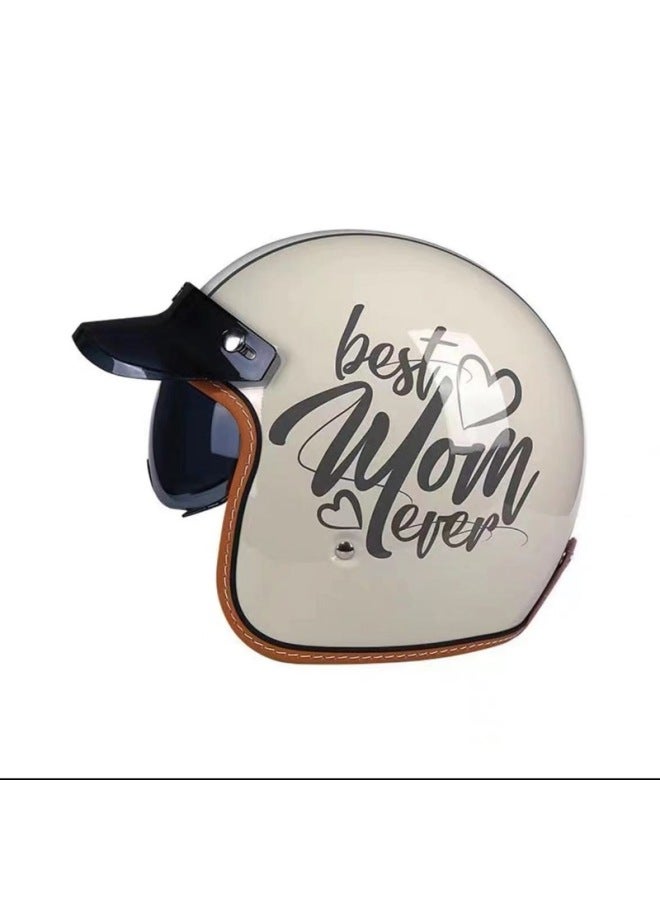 Retro 3/4 Motorcycle Helmet with Built-in Goggles for Men and Women - Light Gray Cat (Black & White Film + Hat Brim)