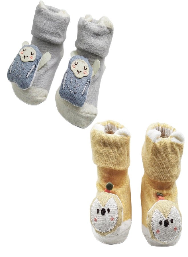 Kradyl Kroft Set of 2 100% Cotton Baby Booties Socks for New Born | Anti Skid | with Cute Animal Face | Unisex Socks for New Born Baby | Cotton Stretch Socks (Little Sheep)