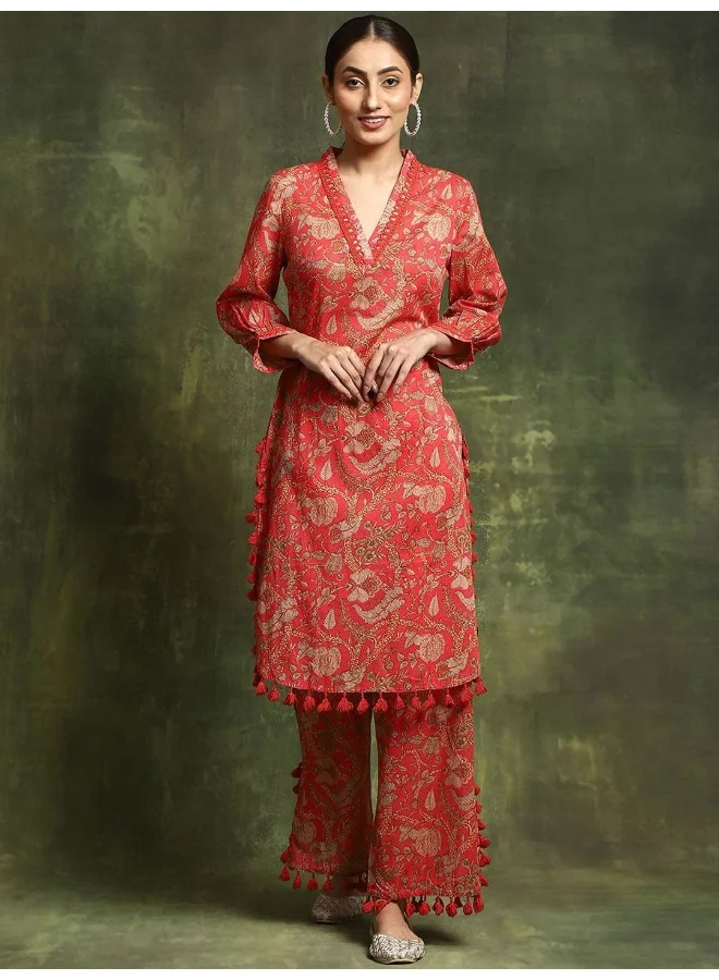 AKS Floral Printed V-Neck Regular Pure Cotton Kurta With Palazzos