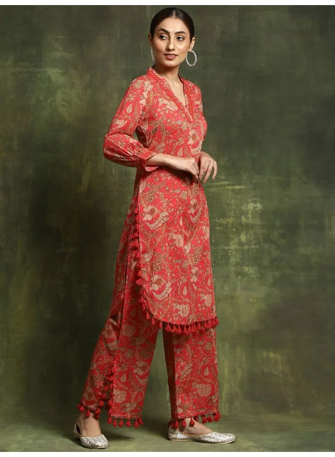 Printed Cotton V Neck Kurta With Palazzos