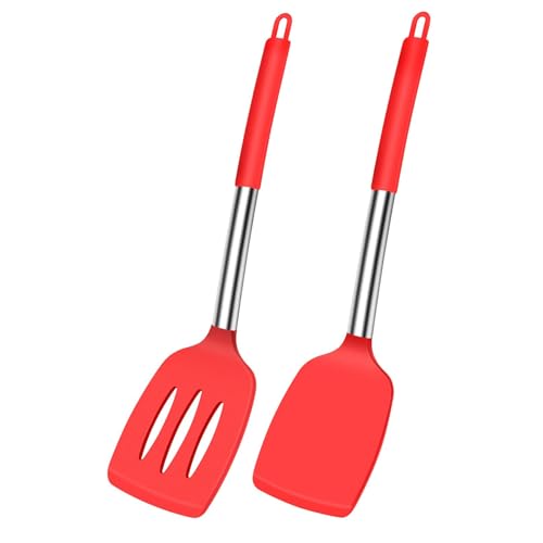Carrot - Pack of 2 Silicone Solid Turner Spatula,Non Stick Slotted Kitchen Spatulas,High Heat Resistant BPA Free Cooking Utensils,Ideal Cookware for Fish,Eggs,Pancakes (RED) - Image 1