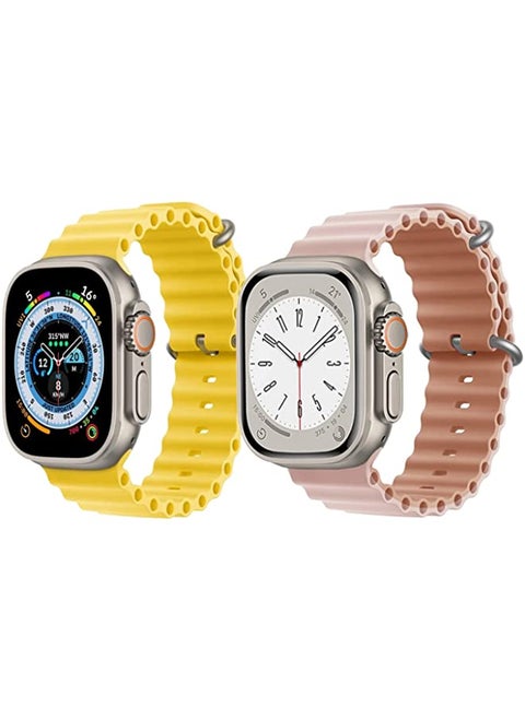 Silicone Ocean Band Strap for Apple Watch Ultra 8 49mm Yellow Single Color Strap with Pink/Beige Double Side Strap Set of 2