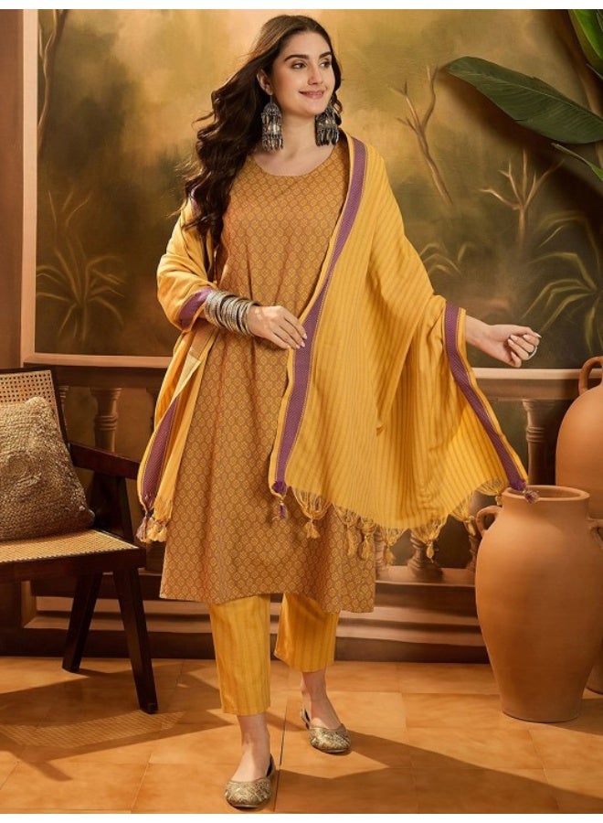 AKS Mustard A-Line Jacquard Cotton Kurta Set - Image 1