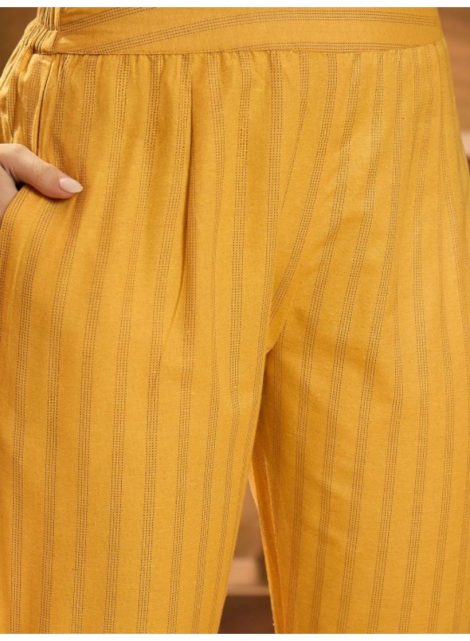 AKS Mustard A-Line Jacquard Cotton Kurta Set - Image 3