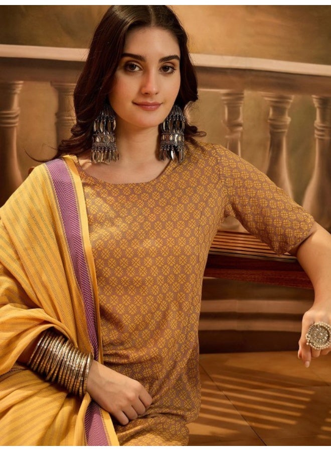 AKS Mustard A-Line Jacquard Cotton Kurta Set - Image 2