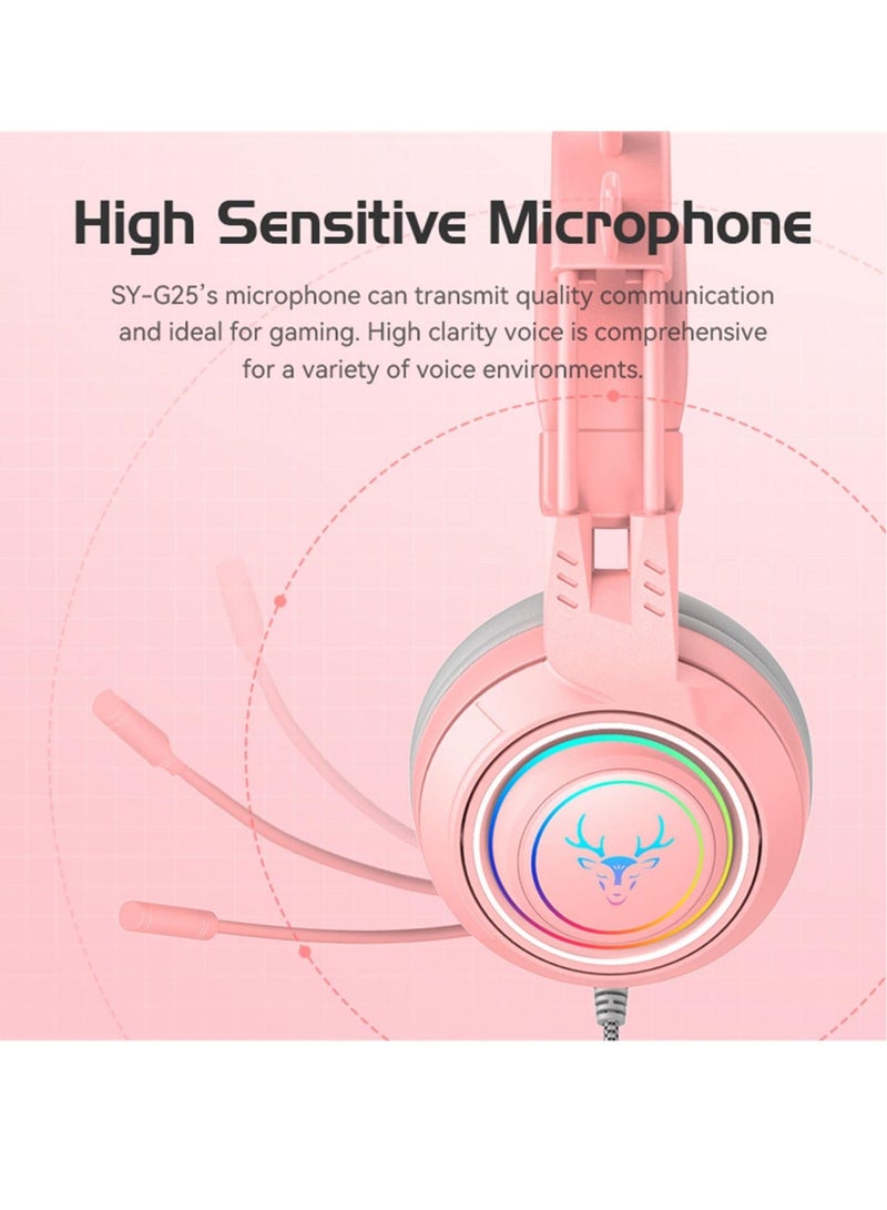 Stereo Gaming Headset for PS4 PC Xbox One PS5 Controller,Noise Cancelling Over Ear Headphones with Mic, LED Breathing Light, Bass Surround, Soft Memory Earmuffs for Laptop Mac Nintendo (Pink)