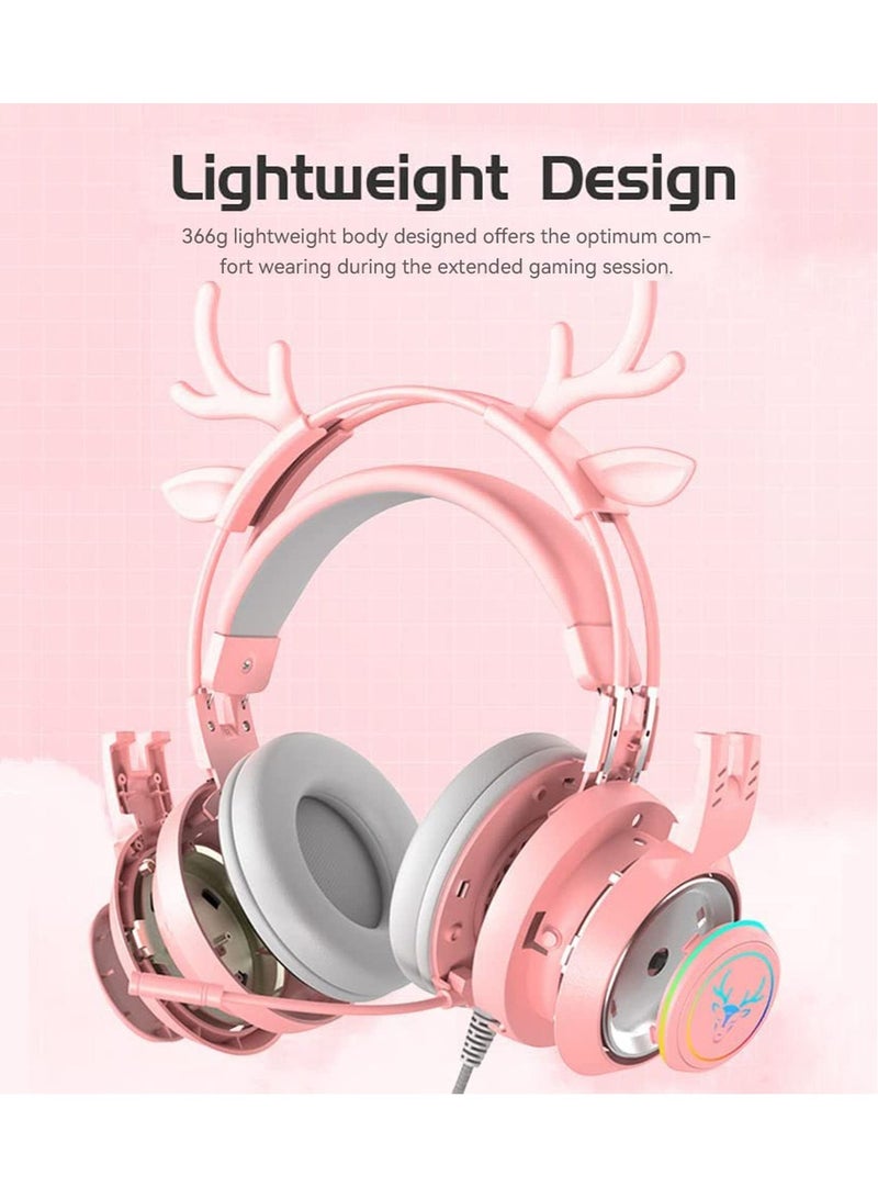 Stereo Gaming Headset for PS4 PC Xbox One PS5 Controller,Noise Cancelling Over Ear Headphones with Mic, LED Breathing Light, Bass Surround, Soft Memory Earmuffs for Laptop Mac Nintendo (Pink)