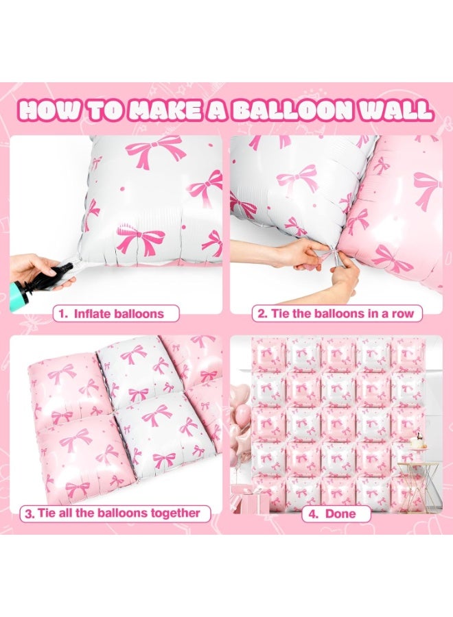 25PCS White & Pink Square Foil Balloons Wall Backdrop – Double-Sided Pearl White & Light Pink Bow Print Balloons for Birthday, Wedding, Baby Shower & Anniversary Party Decorations - Image 3