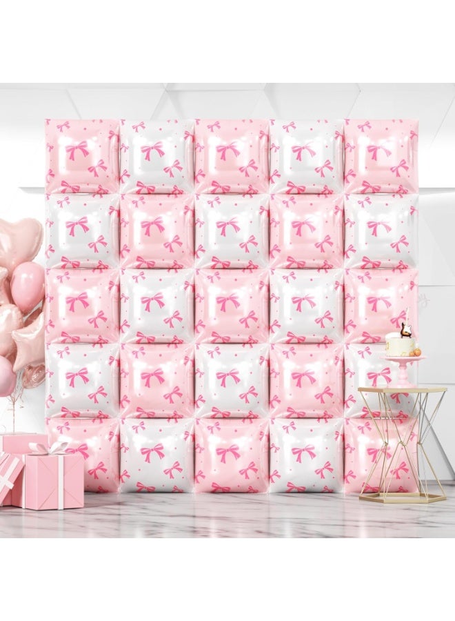 25PCS White & Pink Square Foil Balloons Wall Backdrop – Double-Sided Pearl White & Light Pink Bow Print Balloons for Birthday, Wedding, Baby Shower & Anniversary Party Decorations - Image 1