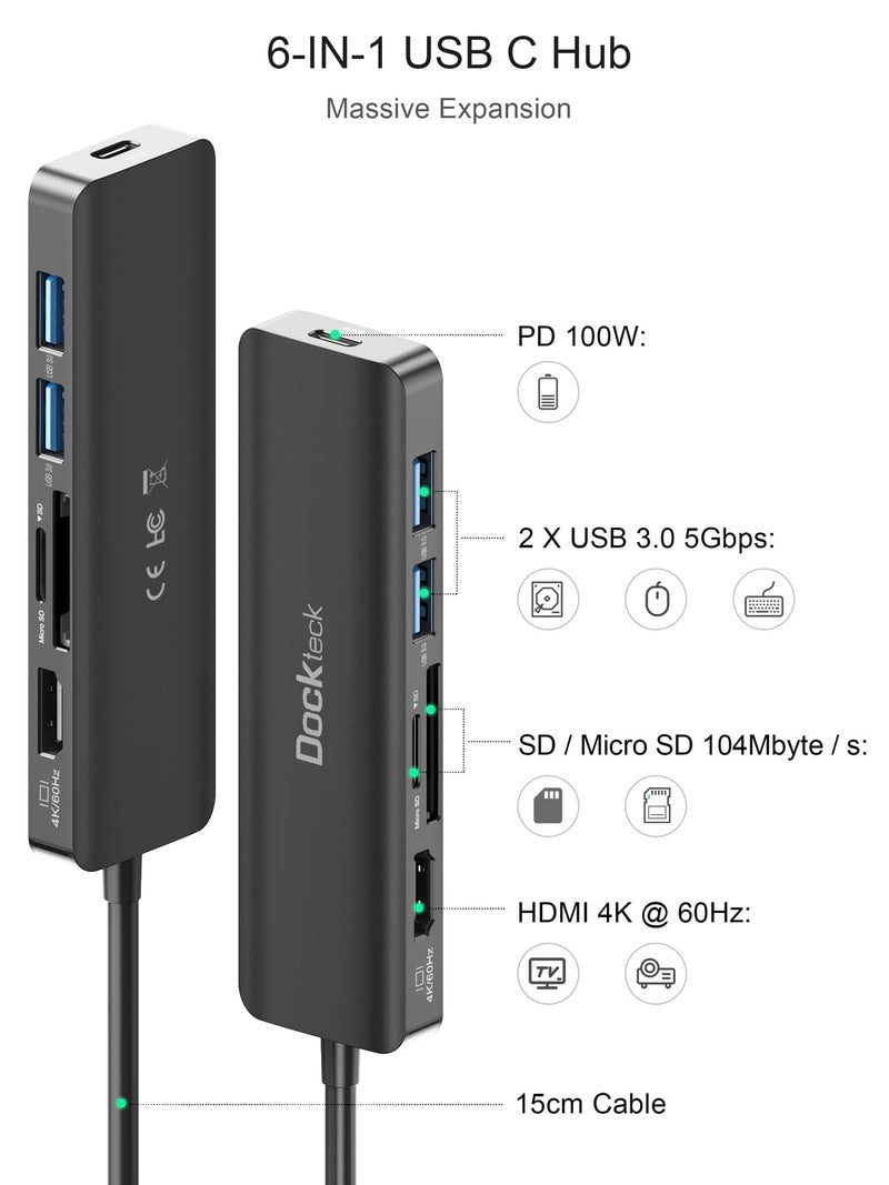 Dockteck USB C Hub HDMI PD Adapter for MacBook Air/Pro, Surface Pro 7/8, XPS and More, Dockteck 6-in-1 Type C Hub with 4K 60Hz, 100W PD, SD & microSD Card Reader, 2 USB 3.0 Data 5Gbps - Image 2