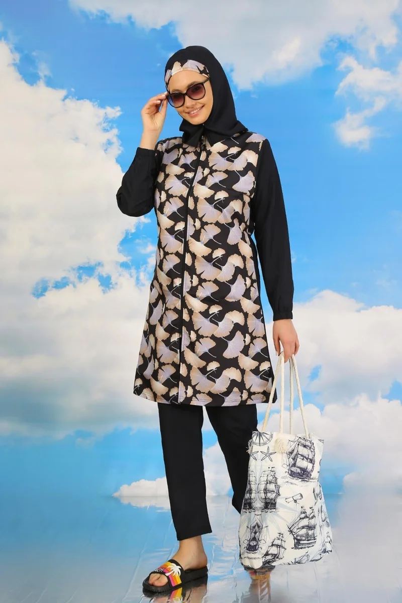 Akbeniz Women's Patterned Full Hijab Swimsuit with Trousers Navy Blue 31070