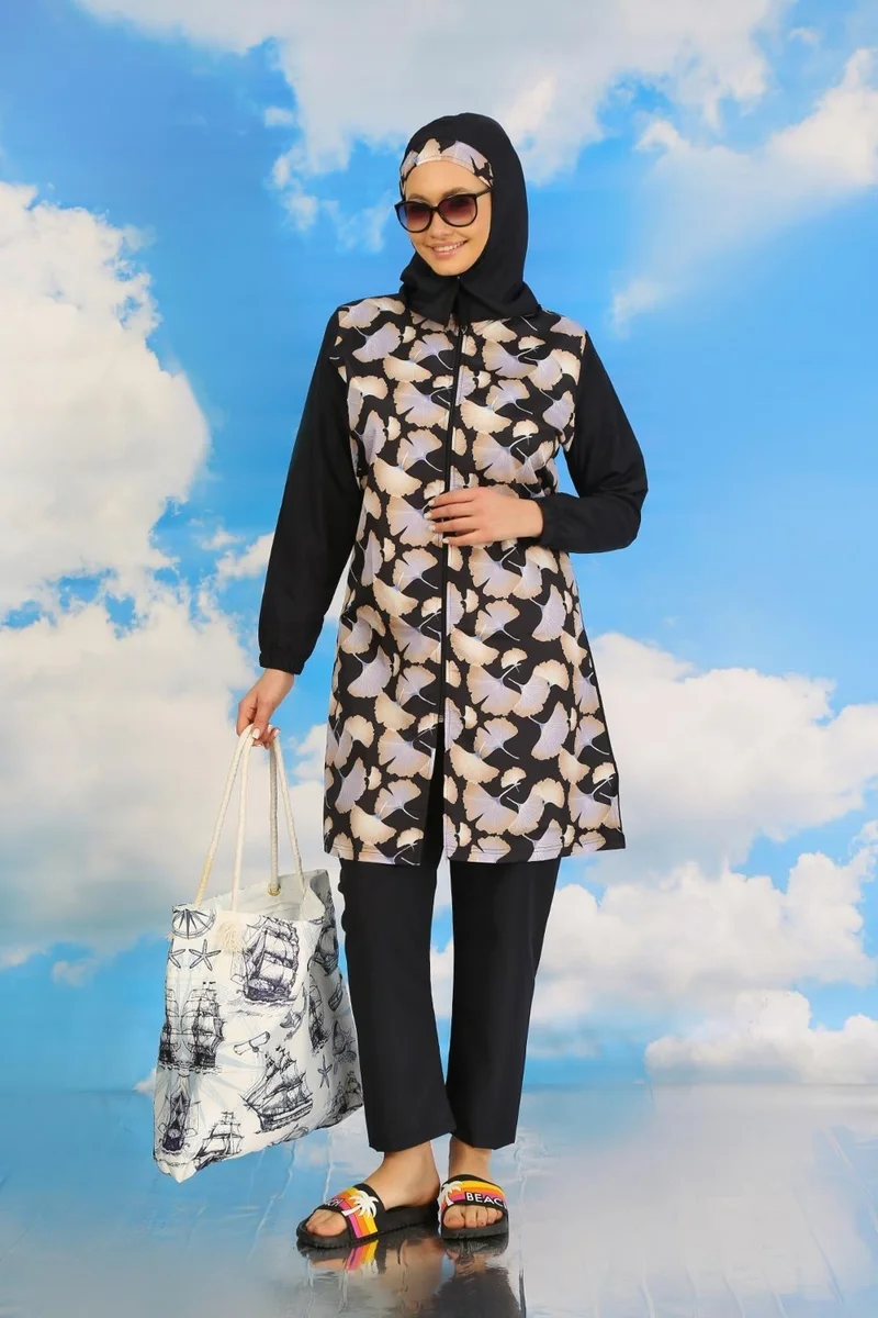 Akbeniz Women's Patterned Full Hijab Swimsuit with Trousers Navy Blue 31070