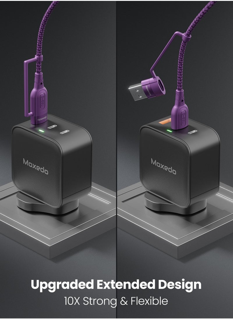 Moxedo - Moxedo 4 in 1 Charging Cable 60W Power Delivery Interchangeable USB-A/USB-C to USB-C/Lightning 1.2 Meters Braided Nylon Cable Compatible for Android/iPhone 15/14/13/12/11 Pro Max, iPad (Purple) - Image 1