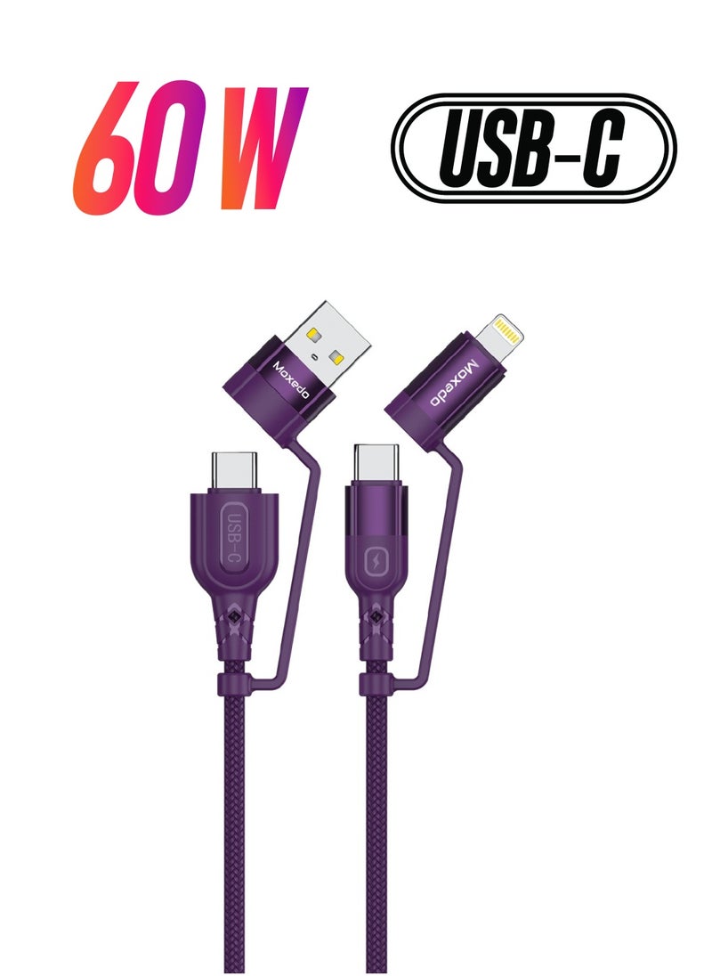 Moxedo - Moxedo 4 in 1 Charging Cable 60W Power Delivery Interchangeable USB-A/USB-C to USB-C/Lightning 1.2 Meters Braided Nylon Cable Compatible for Android/iPhone 15/14/13/12/11 Pro Max, iPad (Purple) - Image 1