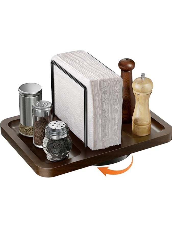 Rotating Napkin Holder for Table, Bamboo Standing Napkin Dispenser with Salt Pepper Shakers Caddy, Black Metal Hand Towel Holder for Bathroom Home Kitchen Farmhouse Decor Not Including Shakers