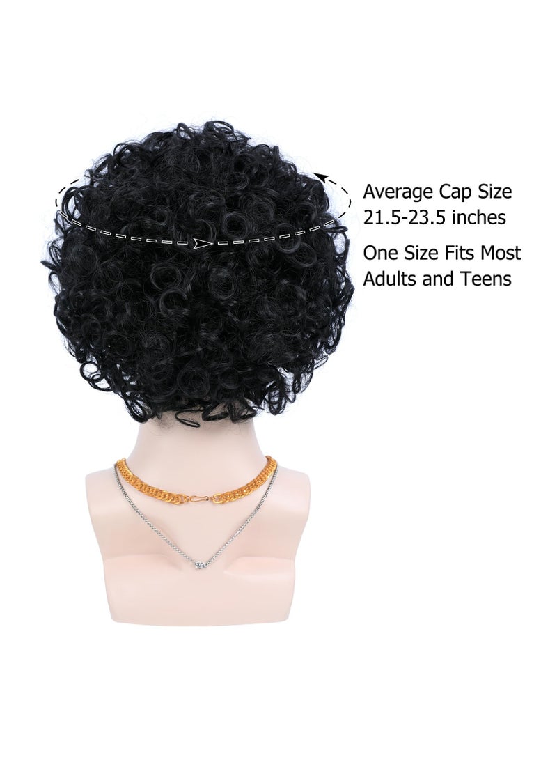 Excefore 6pcs Set, 70s 80s Disco Wig with Mustache Glasses, Artificial Wolf Necklace Gold Chain, Short Curly Synthetic Hair Afro Men's Wig for 60s Rocker Hippies Costume Cosplay Party (Black)  - Image 5