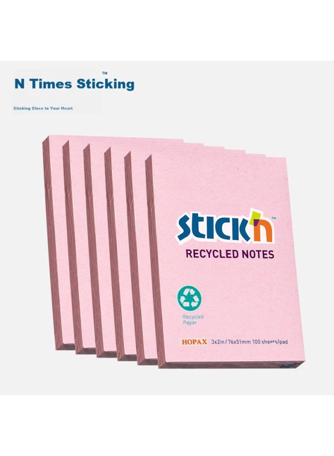 Stickn (Stickn) 6-Pack Eco-Friendly Recycled Paper Sticky Notes/Message Pads/Note Papers/Notebooks 76*51Mm 600 Sheets Pink 36502-J6 - Image 2