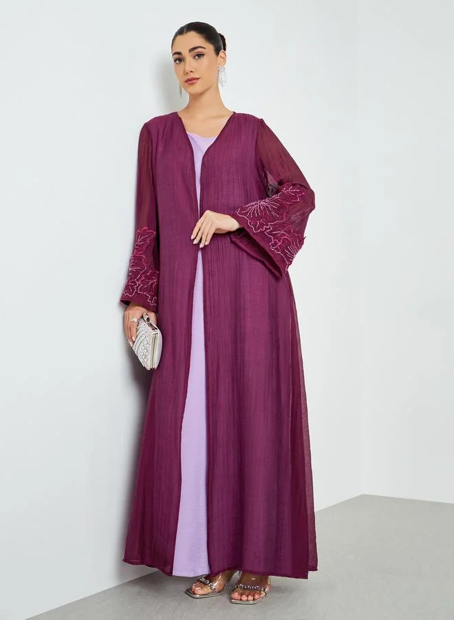 Amirah Burgundy Embroidered Sleeve A-Line Abaya