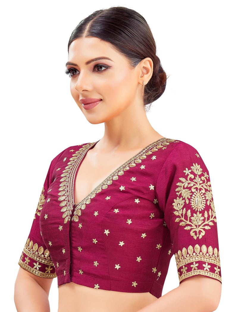 Studio Shringaar Women's V-Neck Embroidered Wedding Saree Blouse (Wine, 46) - Image 3