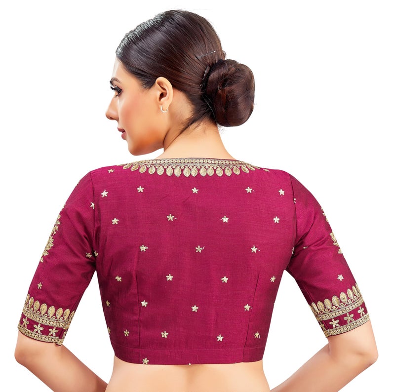 Studio Shringaar Women's V-Neck Embroidered Wedding Saree Blouse (Wine, 46) - Image 2