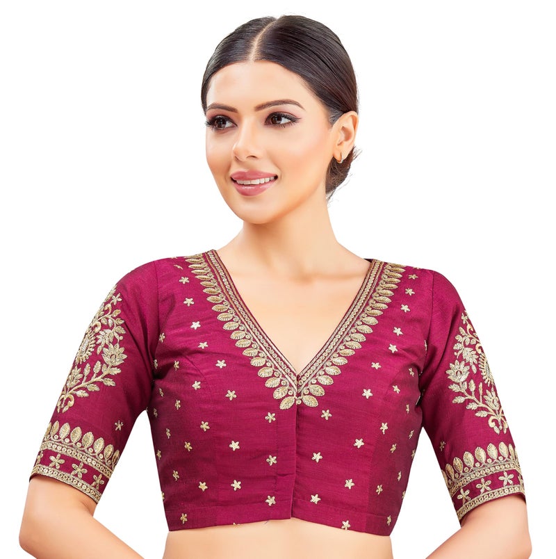 Studio Shringaar Women's V-Neck Embroidered Wedding Saree Blouse (Wine, 46) - Image 1