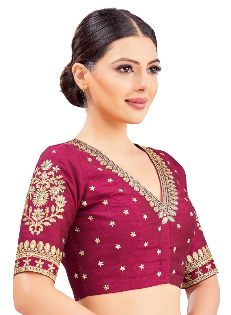 Studio Shringaar Women's V-Neck Embroidered Wedding Saree Blouse (Wine, 46) - Image 4