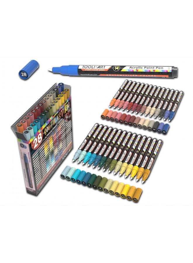 TOOLI-ART 28 Southwestern Colors Acrylic Paint Pens Studio Color Series Markers Set 0.7mm Extra Fine Tip, Rock Painting, Glass, Mugs, Wood, Metal, Canvas, DIY, Detailing. Non Toxic, Waterbased, Quick Drying - Image 1