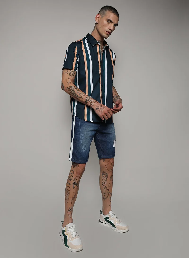 Campus Sutra Men's Prussian Blue Club Striped Shirt