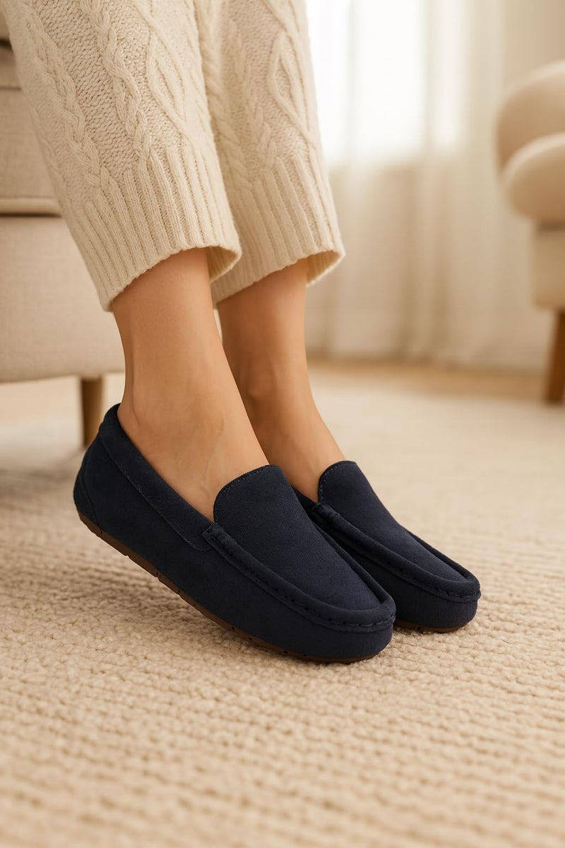 Project Cloud 100% Genuine Leather Slippers for Women - Fur Lined Outdoor Slippers for Women Footwear with Memory Foam - Stylish Womens Moccasin (Cathi, NAVYSUEDE,6) - Image 2