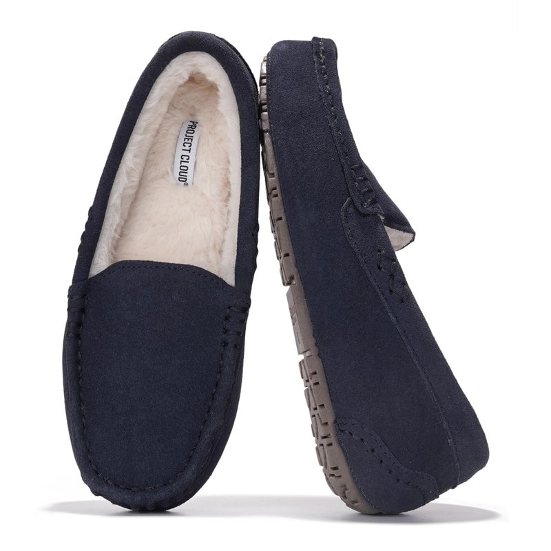 Project Cloud 100% Genuine Leather Slippers for Women - Fur Lined Outdoor Slippers for Women Footwear with Memory Foam - Stylish Womens Moccasin (Cathi, NAVYSUEDE,6) - Image 1
